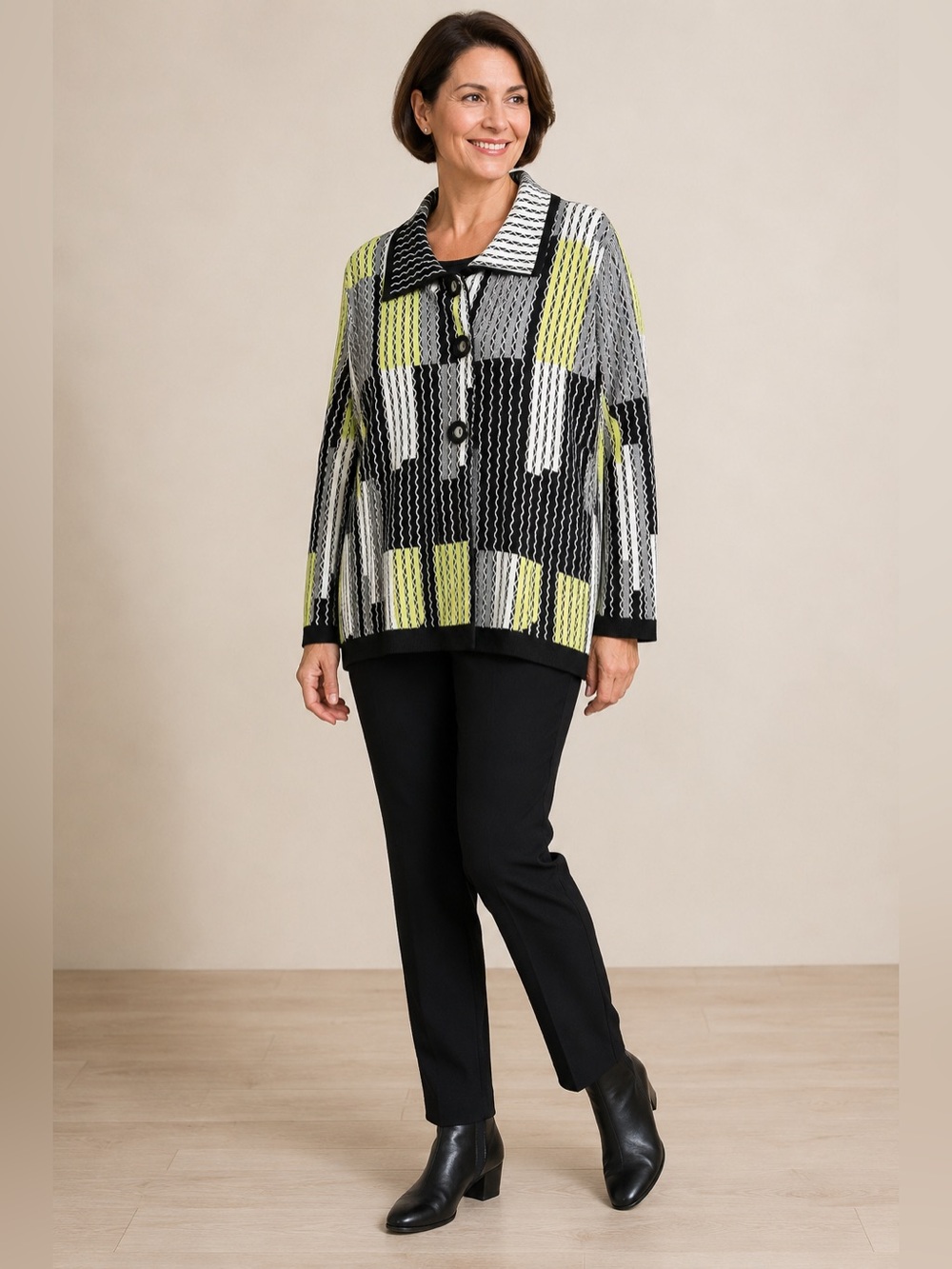 Sharon Young XL Geometric Cardigan Black Chartreuse Collared Cotton Blend Sweate